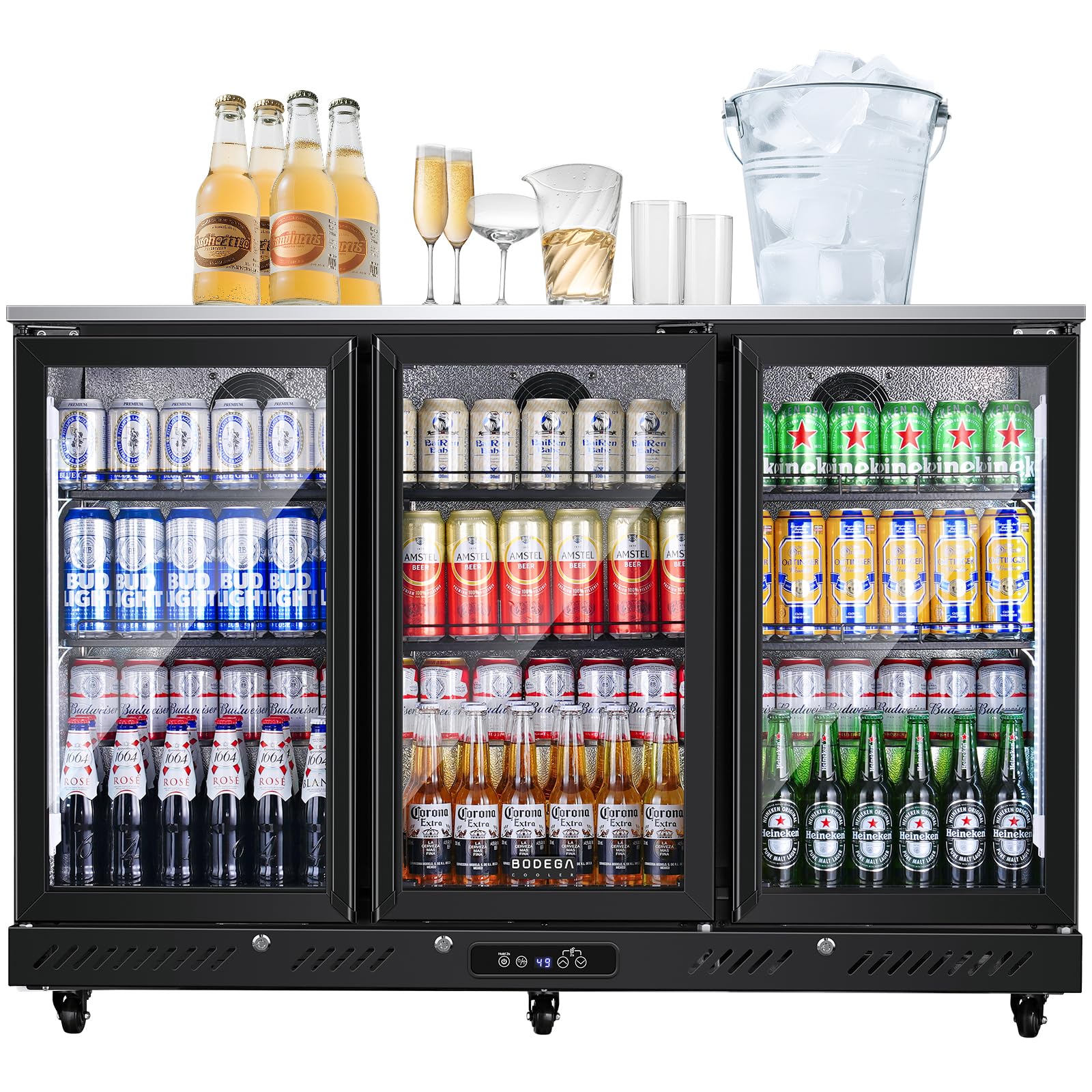 BODEGACOOLER Commercial Bar Cooler With 3 Glass Doors,12 Cu.Ft Counter Height Back Beverage Refrigerator,Display Bar Fridge with LED Lighting,Beverage Cooler for Beer Stainless Steel Top,With Casters