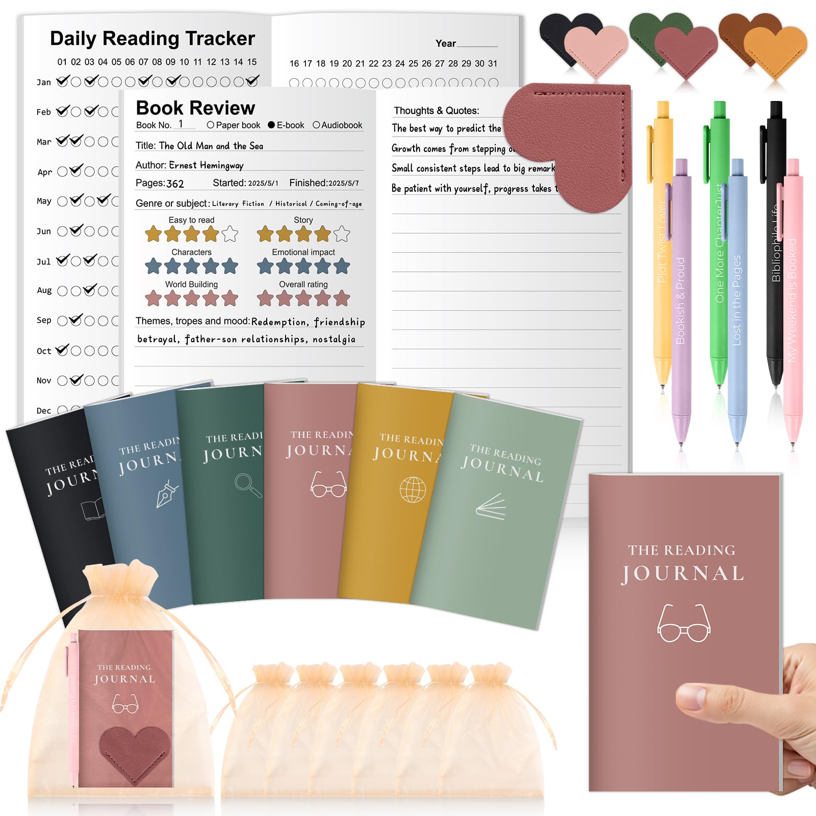24 Pcs Book Journal Reading Log Set 6 Pcs Reading Journal 6 Inspirational Pens 6 PU Leather Heart Book Marks 6 Pcs 6 x 9 Inch Organza Bags Book Club Gifts Book Lovers Gifts for Women Reading Lovers