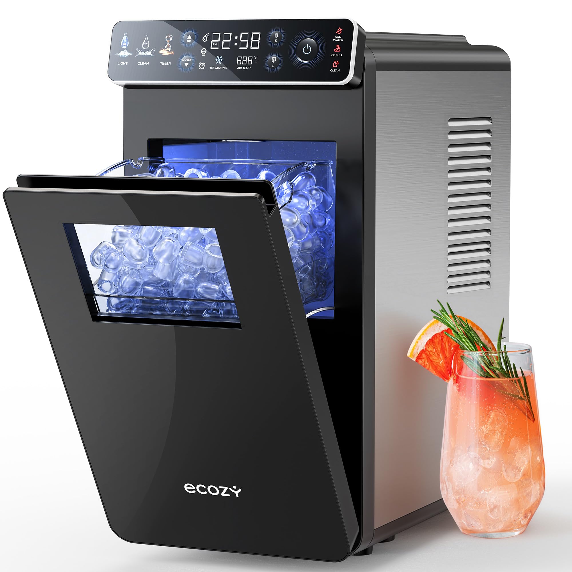 ecozy Small Ice Maker with Full-Color Panel & Timer Function, 26 lbs/Day | Ultra-Slim Ice Makers Countertop, Built-in Status Light, Two Ice Size, Portable Self-Cleaning Ice Machine for Home/Kitchen/RV
