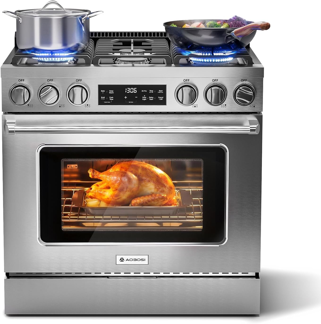 AAOBOSI 36 Inch Gas Range with 6 Burners, 6.0 Cu. Ft. Convection Oven | 73,500 BTU Power Burner, Touch Air Fry, Steam Clean, NG/LP Convertible, Stainless Steel Heavy Duty Gas Stove